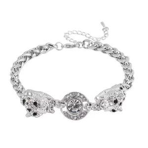 Black and White Austrian Crystal and Enameled Tiger Bracelet in Silvertone